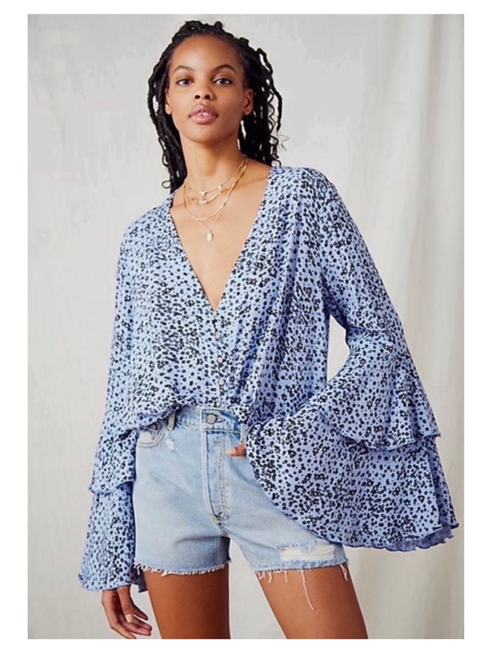 FREE PEOPLE Blue Ditsy Lace Floral Bohemian Layered Bell Sleeve Bodysuit L